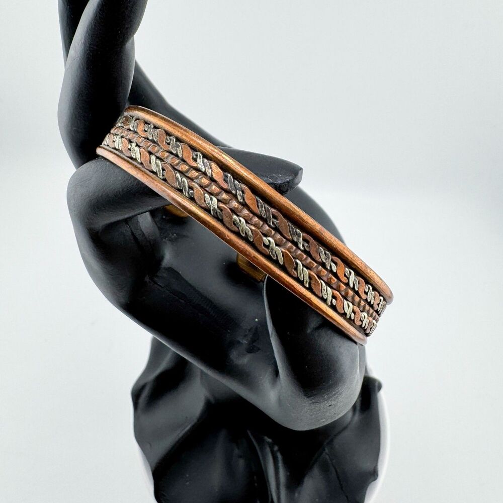 Vintage Copper Magnetic Cuff Bracelet Woven Brass Silver Tone Mixed Metal Retro